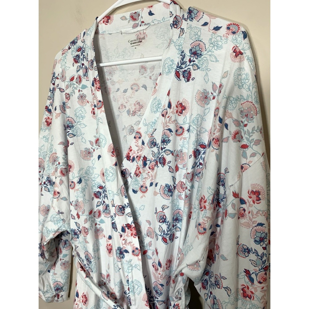Garnet Hill Robe Womens XL White Pink Floral 100% "Green Cotton" Long Pockets - Picture 2 of 14